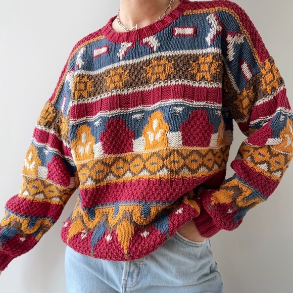 Vintage retro pattern oversized knit crew sweater linen cotton blend - Picture 2 of 7